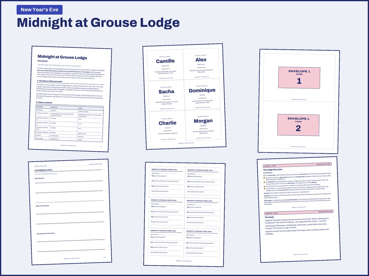 Actual pages from the Midnight at Grouse Lodge PDF: host guide, name tags for the six roles, envelopes, investigation notes, ballots, floor plan