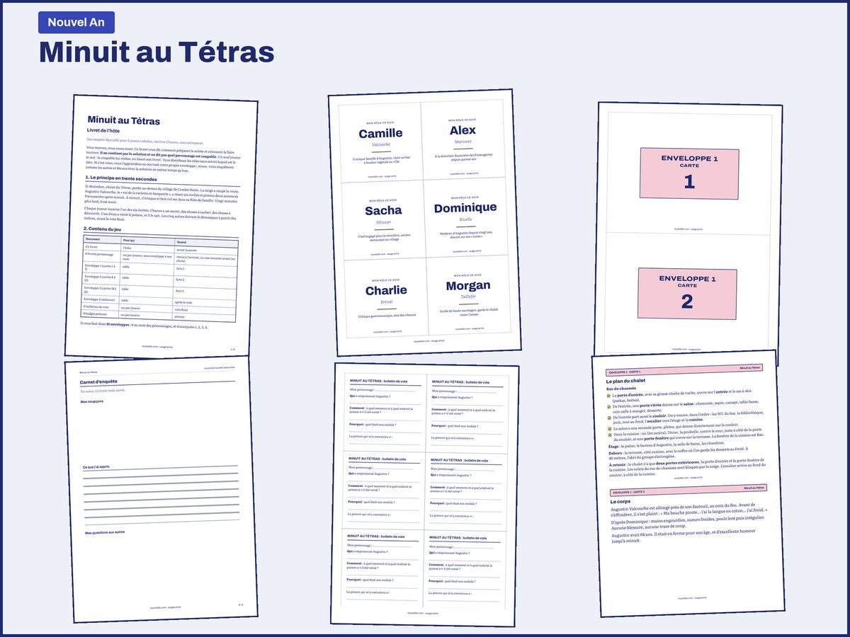 Pages réelles du PDF Minuit au Tétras : livret de l’hôte, badges des six rôles, enveloppes, carnet d’enquête, bulletins de vote, plan du lieu